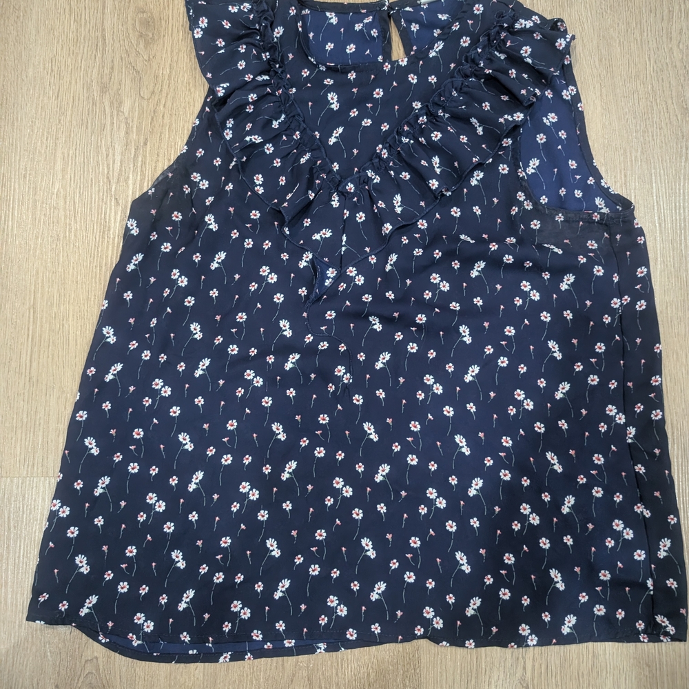 Floral Ruffle Navy Blouse